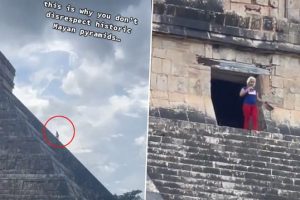 Angry Mob Attacks and Throws Water Bottles At Female Tourist After She Climbs Ancient Mayan Pyramid in Mexico; Watch Viral Video