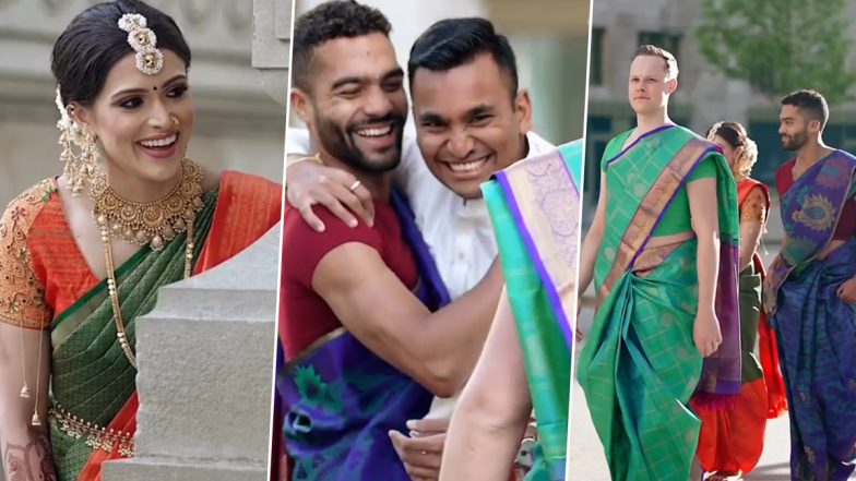 Viral Video: Two Best Men Surprise Indian Groom by Showing Up in Saree at South Indian Wedding in US’s Michigan