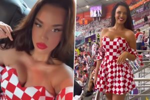 Miss Croatia Ivana Knoll Wears Strapless Mini Dress to Croatia vs Canada, FIFA World Cup Qatar 2022 Football Match at Khalifa International Stadium (Watch Videos)