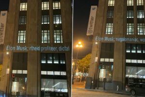 Elon Musk Called 'Space Karen', 'Worthless Billionaire' and What Not in Scrolling Messages Projected on Twitter Headquarters in San Francisco (Watch Video)