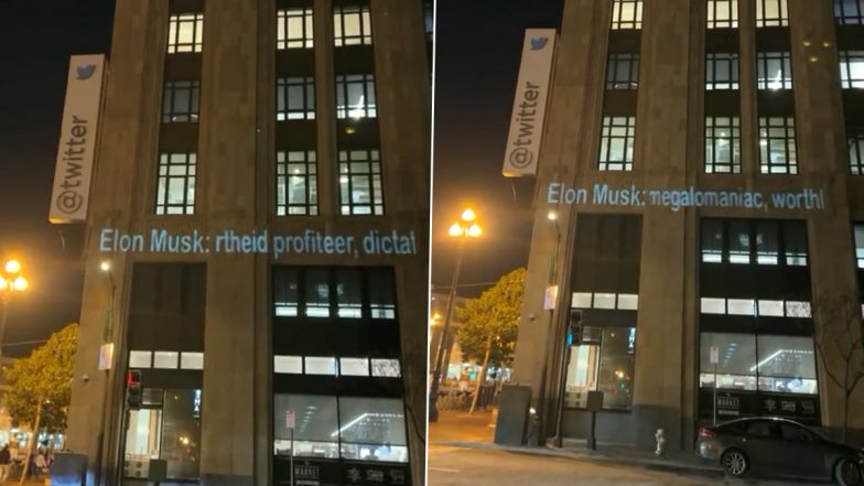 Elon Musk Called ‘Space Karen’, ‘Worthless Billionaire’ and What Not in Scrolling Messages Projected on Twitter Headquarters in San Francisco (Watch Video)