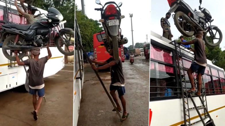 Real-Life Hercules? Man Carries Motorcycle on Head, Climbs Up Ladder to Mount it Over Bus; Viral Video Stuns Netizens