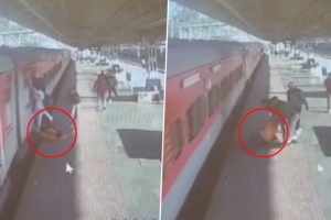 Viral Video: Alert RPF Jawan Saves Passenger’s Life After He Falls off Moving Train at Maihar Railway Station in Madhya Pradesh