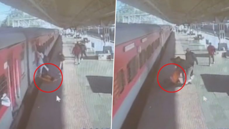 Viral Video: Alert RPF Jawan Saves Passenger’s Life After He Falls off Moving Train at Maihar Railway Station in Madhya Pradesh