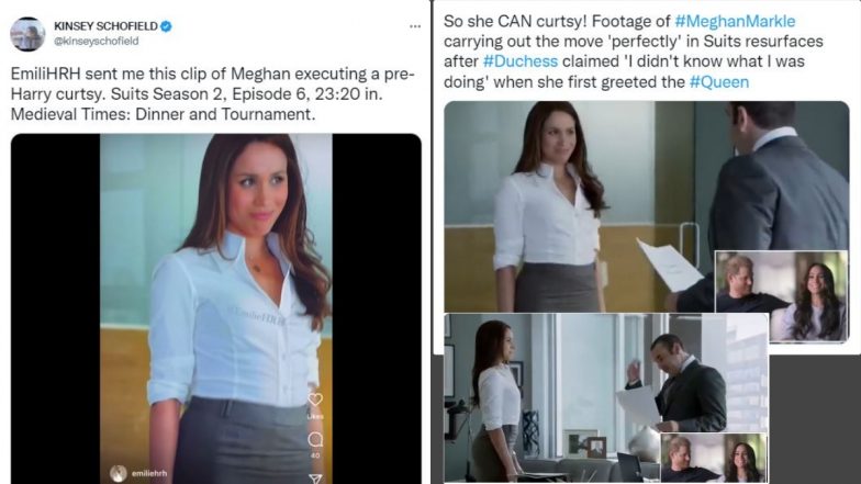 Meghan Markle Curtsy in Suits Clip SHOCKS Netizens After Duchess of Sussex Claimed ‘Not Knowing to Curtsy’ to Queen Elizabeth II in Netflix Documentary (Watch Video)