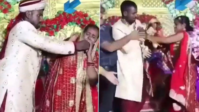 Groom Tries to Forcefully Feed Sweets to Irritated Bride, Action Escalates To Ugly Fight During Wedding Ceremony in Viral Video