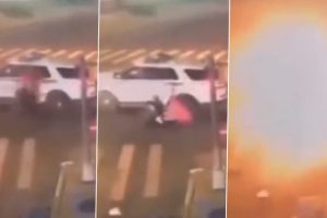Viral Video: Bike Catches Fire as Cop Stops Speeding Biker by Pulling Out in Front of Them