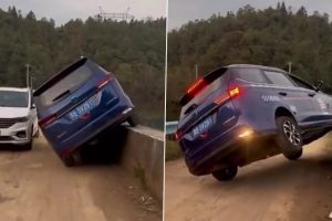 Two SUV Cars Cross Each Other on Narrow Bridge After Drivers Refuse To Back Away, Video Goes Viral