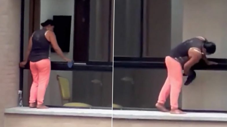Woman Wipes Windows While Standing on Ledge of High-Rise Building Without Any Safety Gear; Viral Video Leaves Netizens Anxious