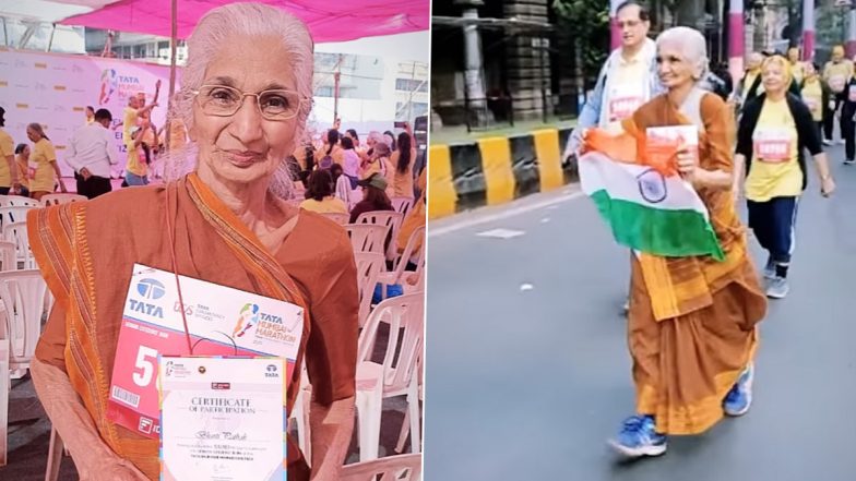 80-Year-Old Grandma Comfortably Runs Mumbai Marathon Wearing Saree in Viral Video; Netizens Motivated By Her Commitment to Fitness!