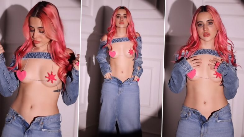 Uorfi Javed Goes Bold Again As She Covers Her Nipples With Heart and Star Shape Pink Puffs and Paired With Long Denim Skirt and Pink Hairdo (Watch Video)