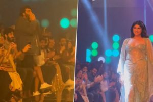 Lakme Fashion Week: Arjun Kapoor Cheers for Sister Anshula Kapoor As She Walks the Ramp In Ash Colour Glitter Corset Top Paired With High Slit Skirt and Long Line Shrug (Watch Video)