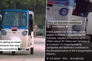 Bill Gates Drives E-Autorickshaw, Anand Mahindra Challenges Microsoft Founder for Three-Wheeler EV Drag Race (Watch Video)